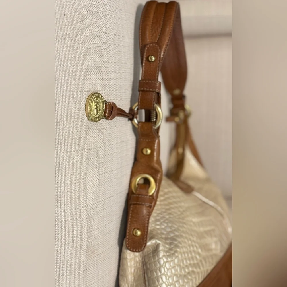Brahmin Cream and Brown Croc-Embossed Leather Shoulder Bag